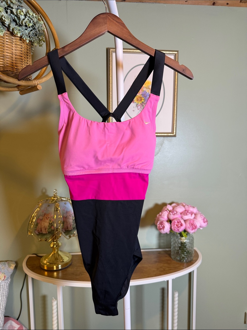 Nike Pink & Black One-Piece Swimsuit with Crisscross Straps